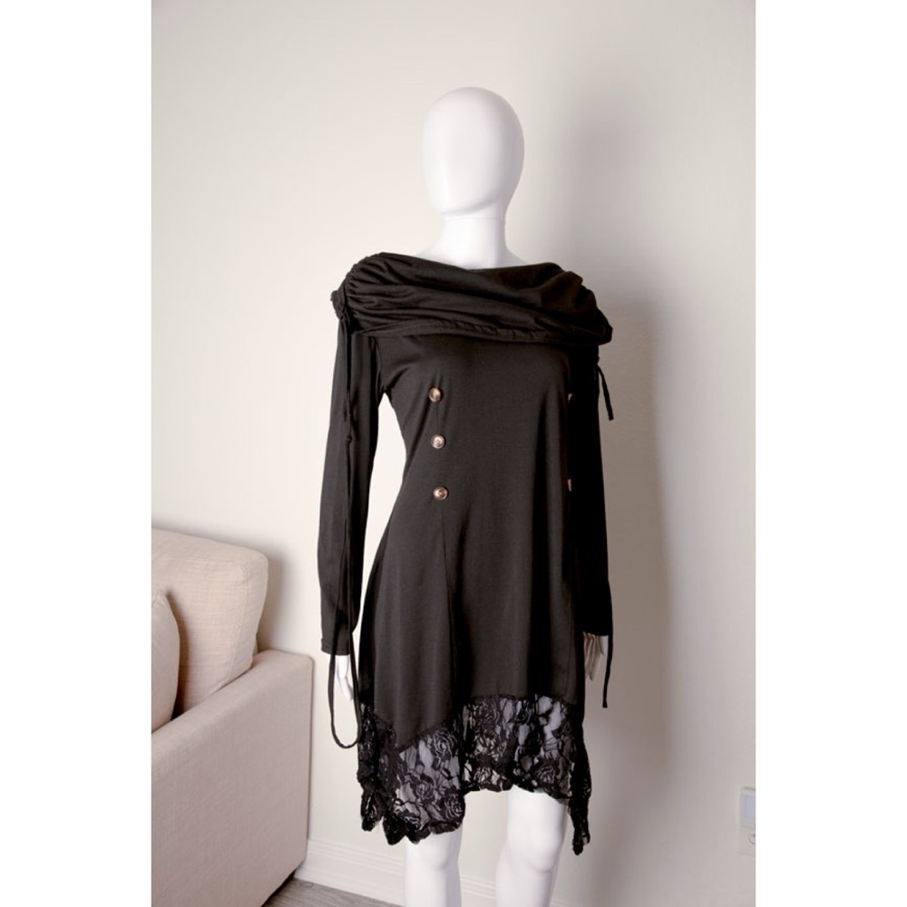 Vintage Y2K Long Lace Steampunk Rave Hoodie Dress Buttons Gothic Long Top